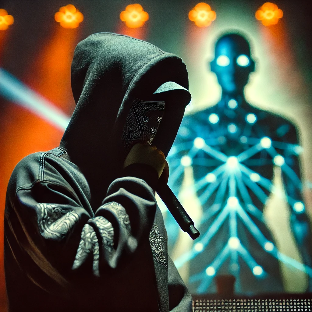 dallc2b7e 2024 08 16 13.45.33 a rapper on stage wearing a black hooded mask that partially obscures his face. the stage is illuminated by bright colorful lights capturing the hi 1
