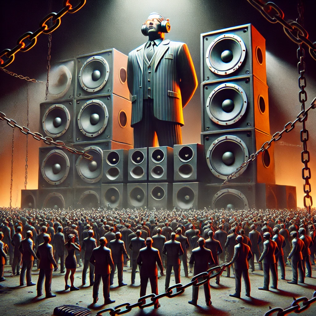 dallc2b7e 2024 09 24 09.20.03 a symbolic photo illustration of a dictatorial capitalist system using rap music to keep its people ignorant. the image features a towering figure in 